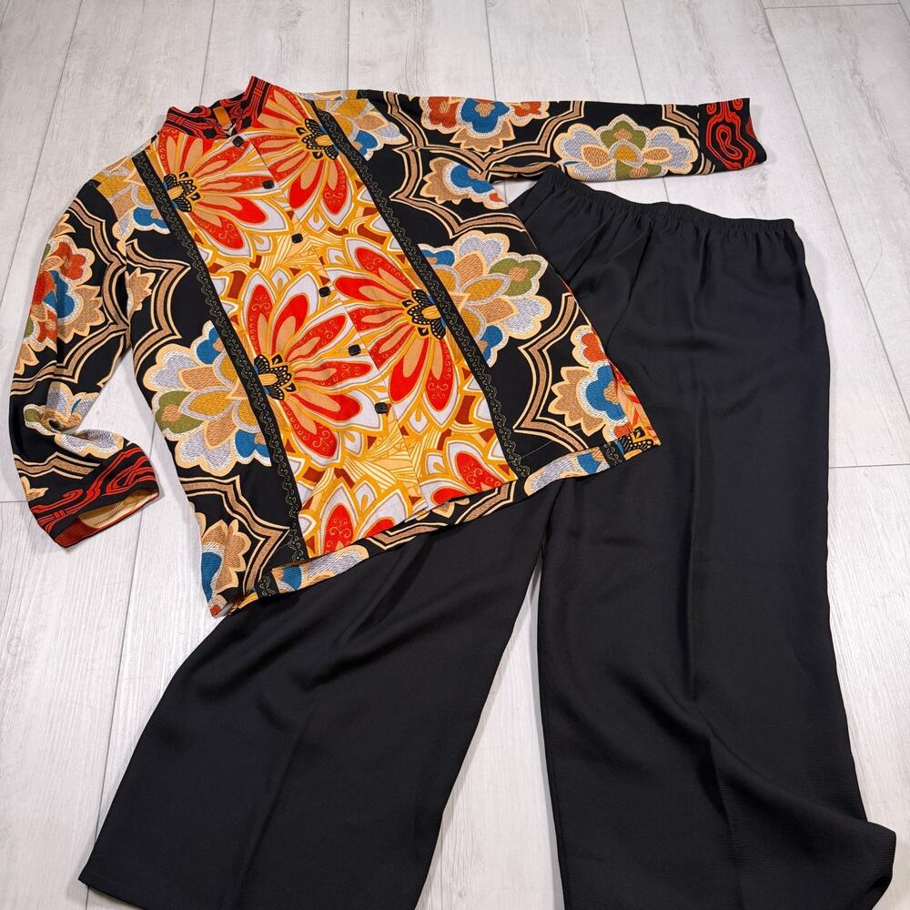 Harari 100% Silk 2 Piece Set Tunic Pants Floral Asian Art To Wear Women's Med